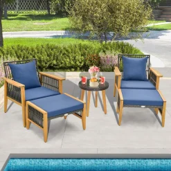 Tangkula 5 Piece Patio Furniture Set, Patiojoy Wicker Chair Set with Coffee Table & 2 Ottomans (Navy)