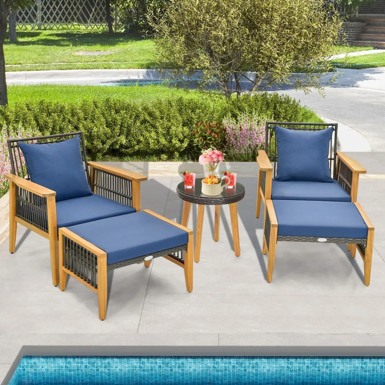 Tangkula 5 Piece Patio Furniture Set, Patiojoy Wicker Chair Set with Coffee Table & 2 Ottomans (Navy)