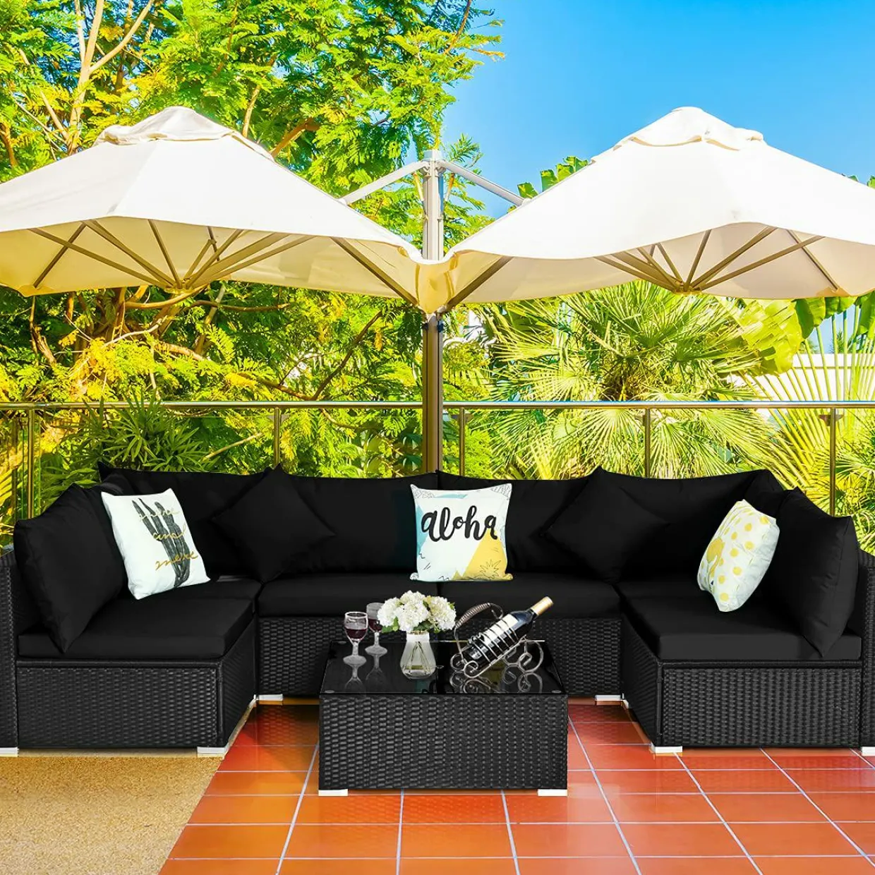 Tangkula 7 Piece Patio Furniture Set, Outdoor Sectional Sofa with 2 Pillows and Cushions