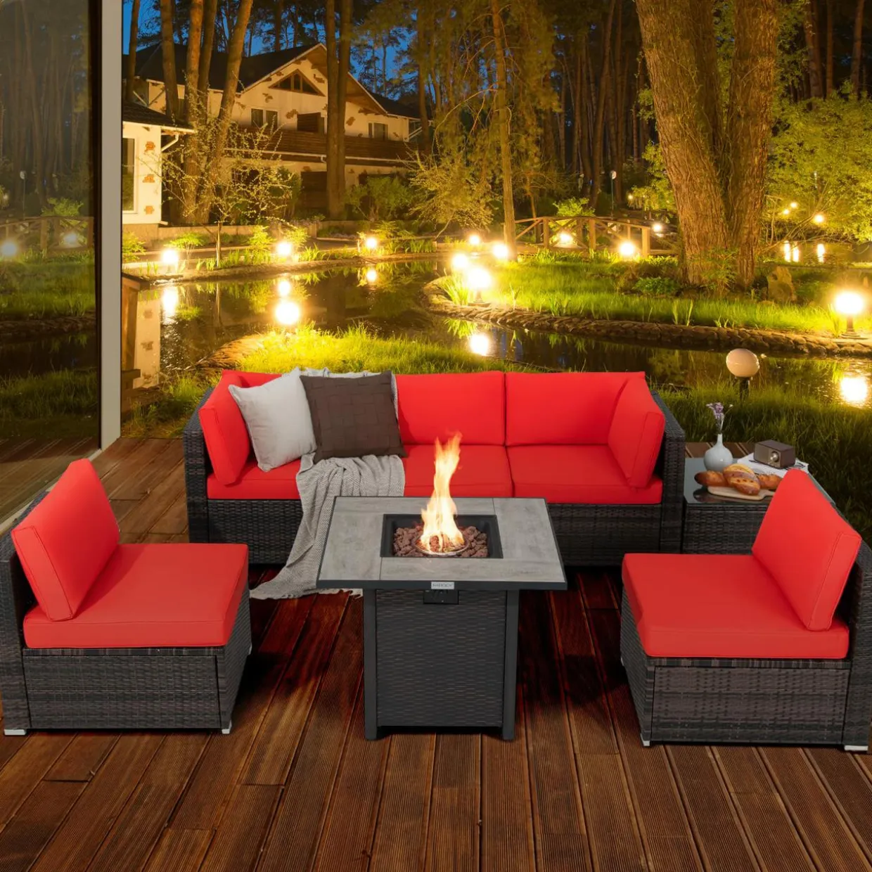 Tangkula 7 Piece Patio Furniture Set with Fire Pit Table, 30 Inches 50,000 BTU Propane Fire Pit Table