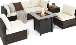 Tangkula 7 Piece Patio Furniture Set with Fire Pit Table, 30 Inches 50,000 BTU Propane Fire Pit Table