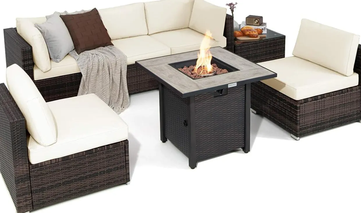 Tangkula 7 Piece Patio Furniture Set with Fire Pit Table, 30 Inches 50,000 BTU Propane Fire Pit Table