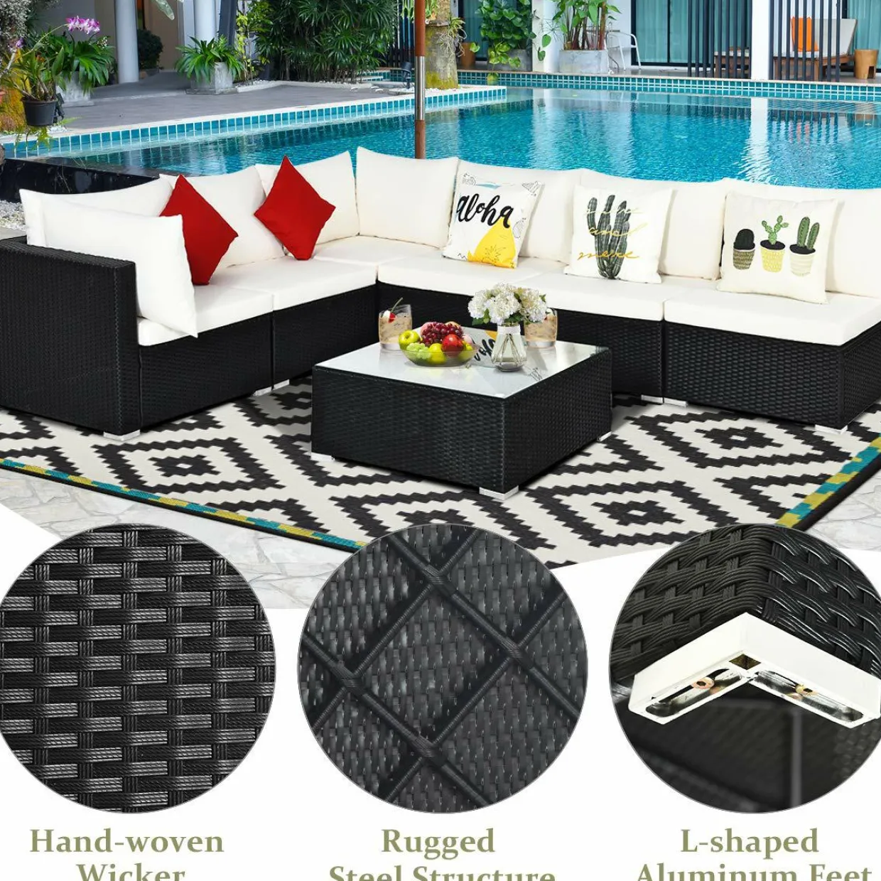 Tangkula 7 Piece Patio Furniture Set, Outdoor Sectional Sofa with 2 Pillows and Cushions