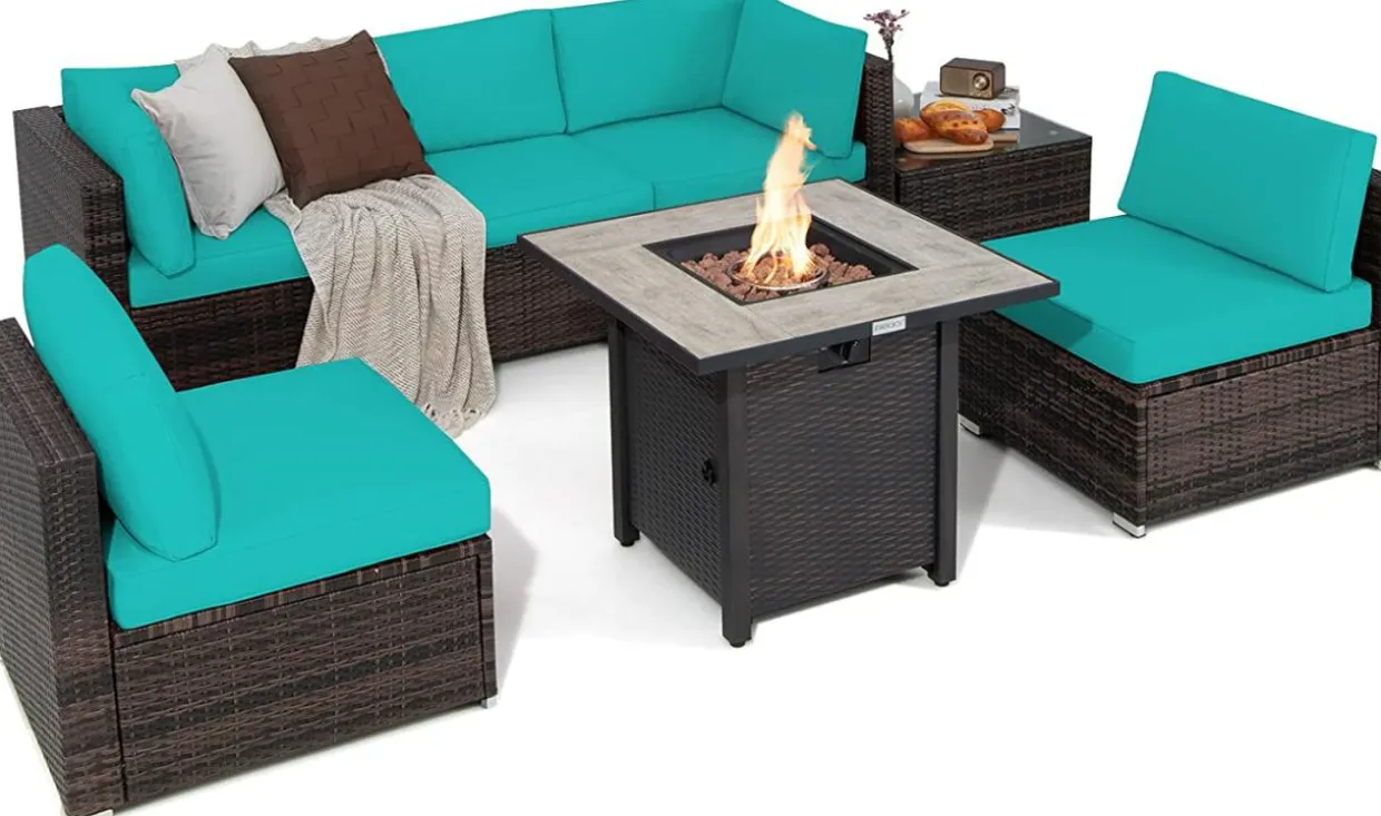Tangkula 7 Piece Patio Furniture Set with Fire Pit Table, 30 Inches 50,000 BTU Propane Fire Pit Table