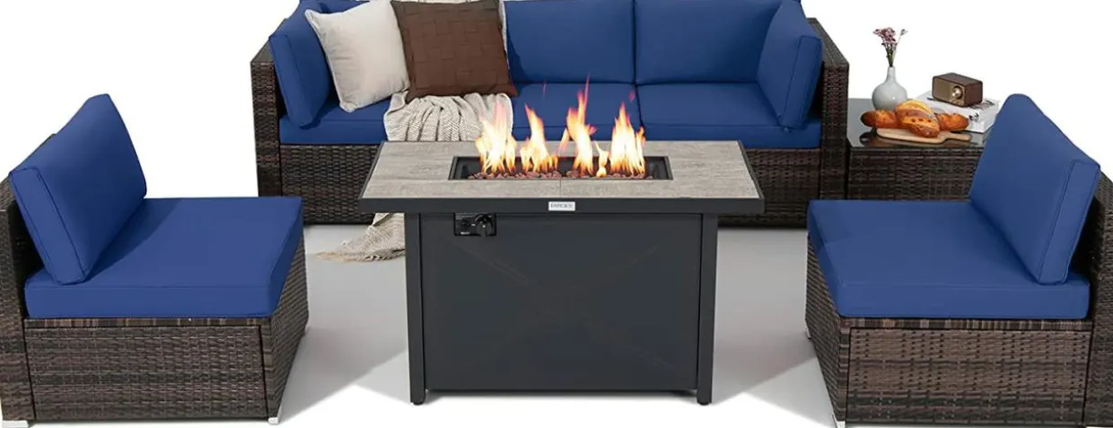 Tangkula 7 Piece Patio Furniture Set with Fire Pit Table, Includes 42 Inches 60,000 BTU Propane Rectangle Fire Pit Table