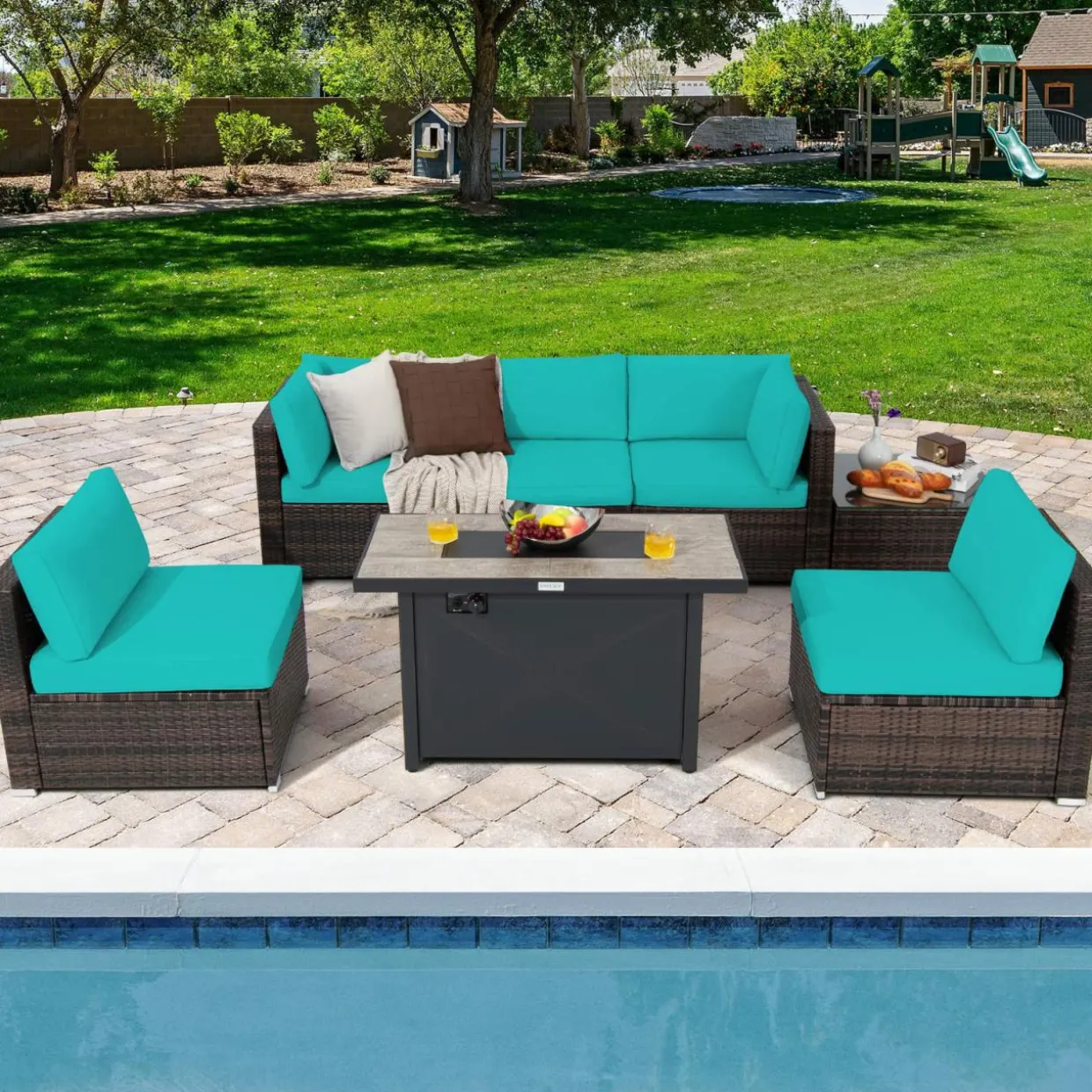 Tangkula 7 Piece Patio Furniture Set with Fire Pit Table, Includes 42 Inches 60,000 BTU Propane Rectangle Fire Pit Table