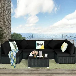 Tangkula 7 Piece Patio Furniture Set, Outdoor Sectional Sofa with 2 Pillows and Cushions