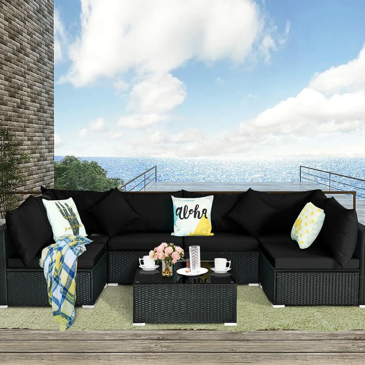 Tangkula 7 Piece Patio Furniture Set, Outdoor Sectional Sofa with 2 Pillows and Cushions