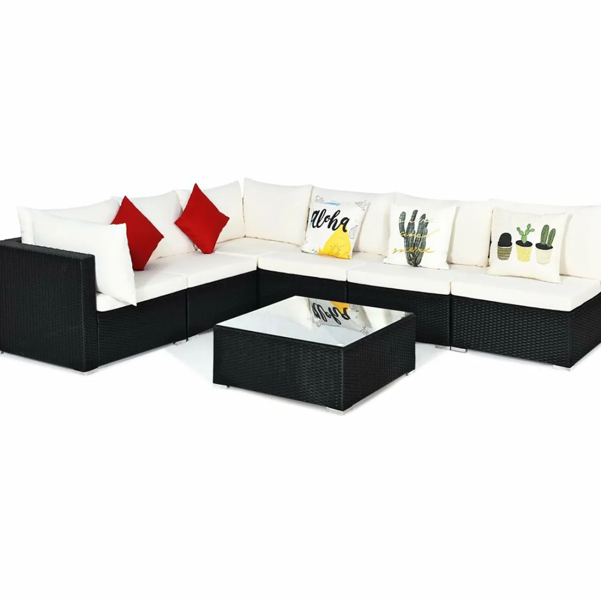 Tangkula 7 Piece Patio Furniture Set, Outdoor Sectional Sofa with 2 Pillows and Cushions