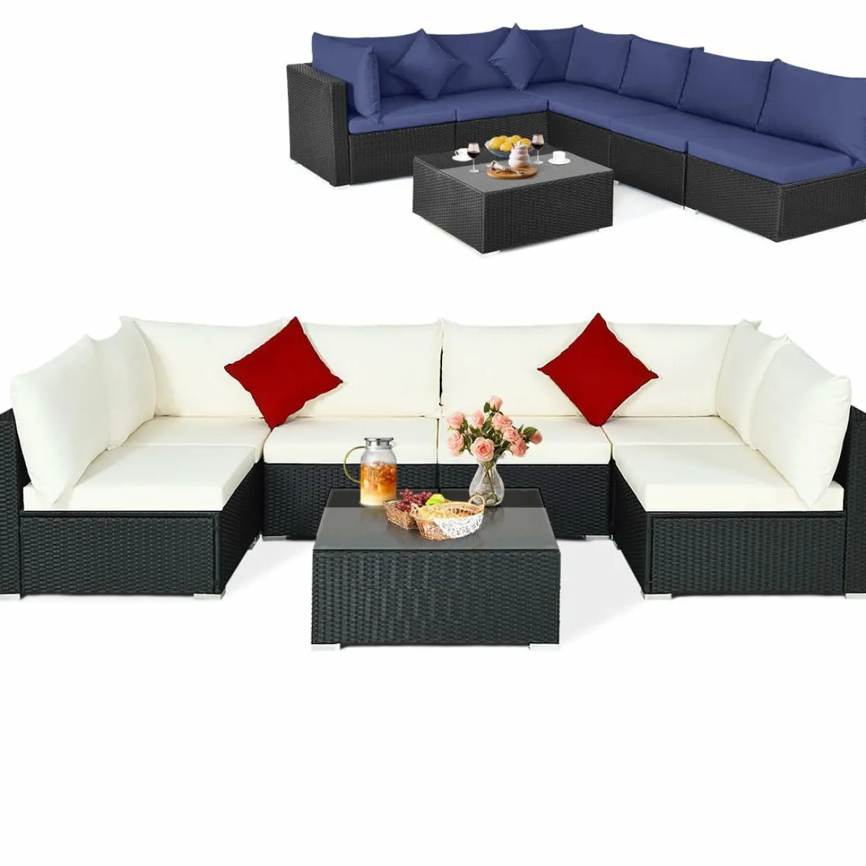 Tangkula 7 Piece Patio Furniture Set, Outdoor Sectional Sofa with 2 Pillows and Cushions