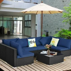 Tangkula 7 Piece Patio Furniture Set, Outdoor Sectional Sofa with 2 Pillows and Cushions