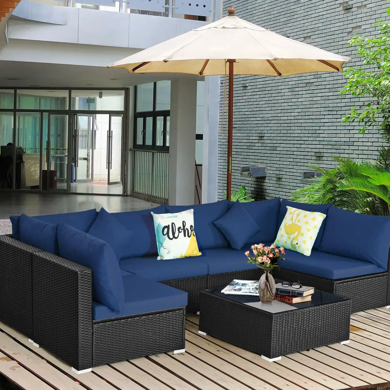 Tangkula 7 Piece Patio Furniture Set, Outdoor Sectional Sofa with 2 Pillows and Cushions