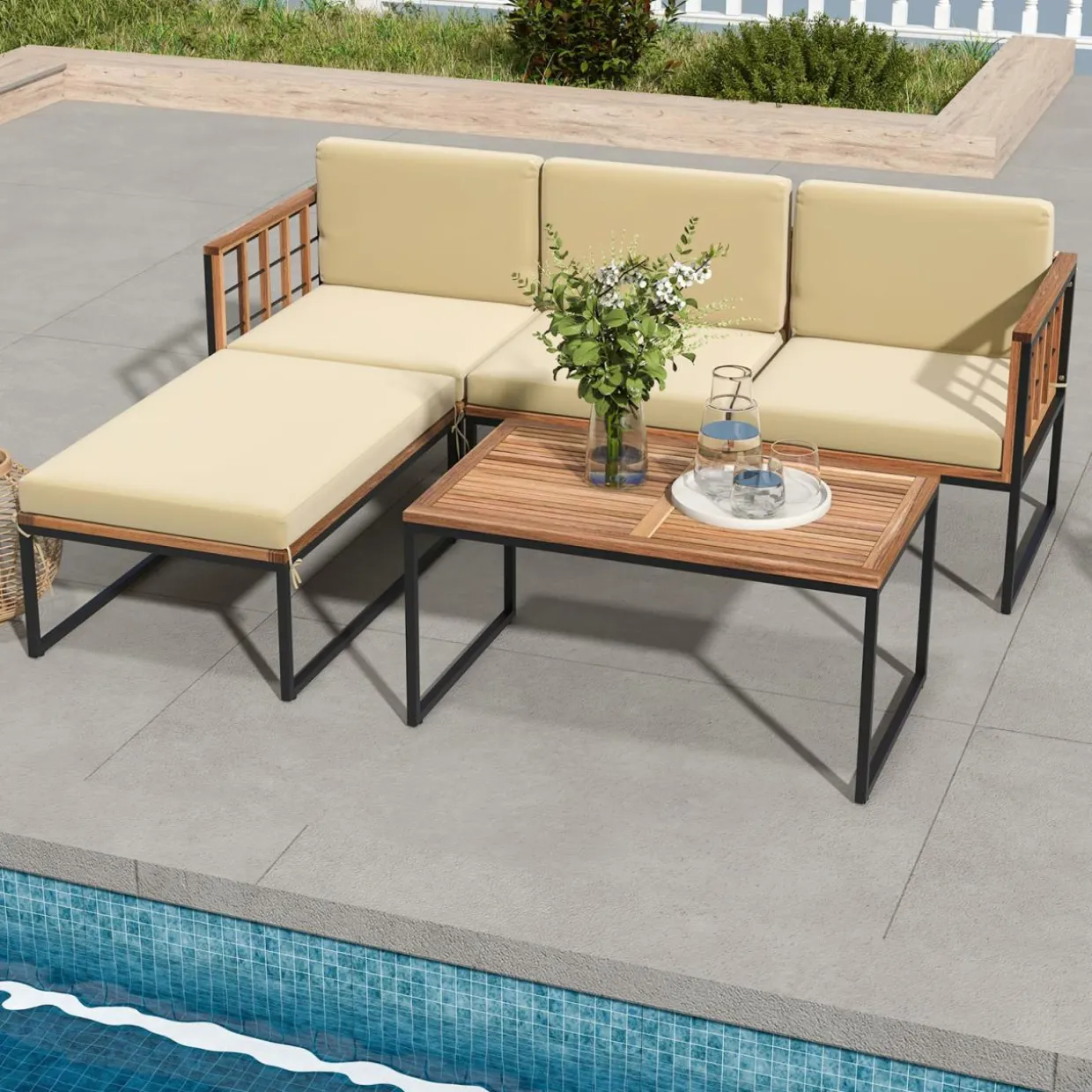 Tangkula 5 Piece Patio Furniture Set, Acacia Wood Sectional Set with Heavy-Duty Metal Frame, Comfy Seat & Back Cushions