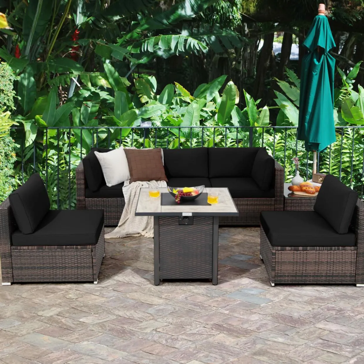 Tangkula 7 Piece Patio Furniture Set with Fire Pit Table, 30 Inches 50,000 BTU Propane Fire Pit Table