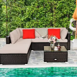 Tangkula 6 Piece Patio Furniture Set,Durable Steel Frame PE Rattan Wicker Sectional Sofa Set