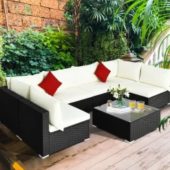 Tangkula 7 Piece Patio Furniture Set, Outdoor Sectional Sofa with 2 Pillows and Cushions