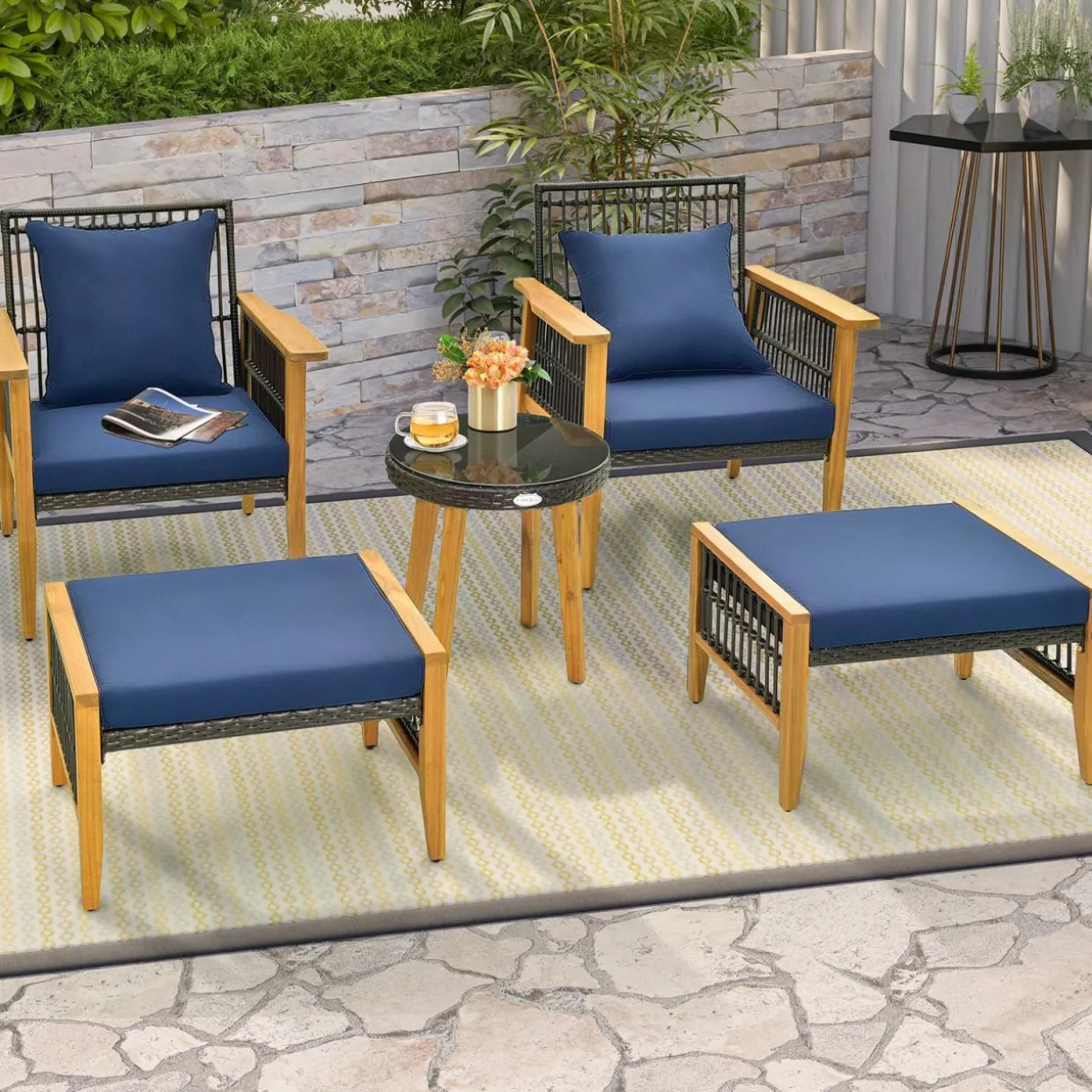 Tangkula 5 Piece Patio Furniture Set, Patiojoy Wicker Chair Set with Coffee Table & 2 Ottomans (Navy)