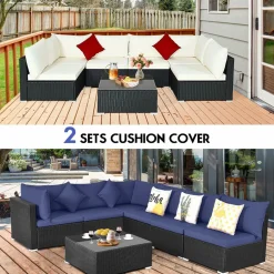 Tangkula 7 Piece Patio Furniture Set, Outdoor Sectional Sofa with 2 Pillows and Cushions
