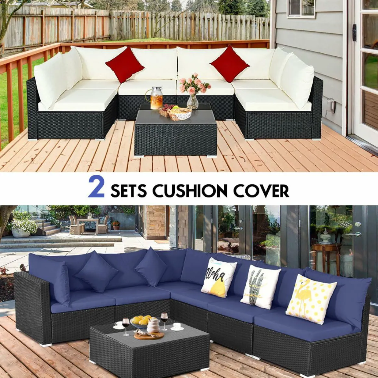 Tangkula 7 Piece Patio Furniture Set, Outdoor Sectional Sofa with 2 Pillows and Cushions