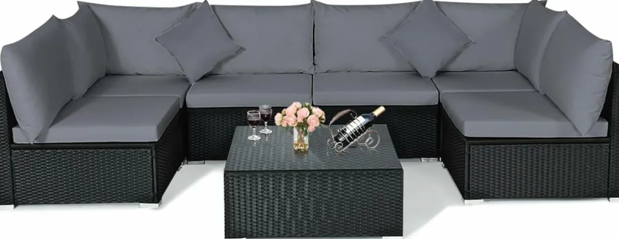 Tangkula 7 Piece Patio Furniture Set, Outdoor Sectional Sofa with 2 Pillows and Cushions