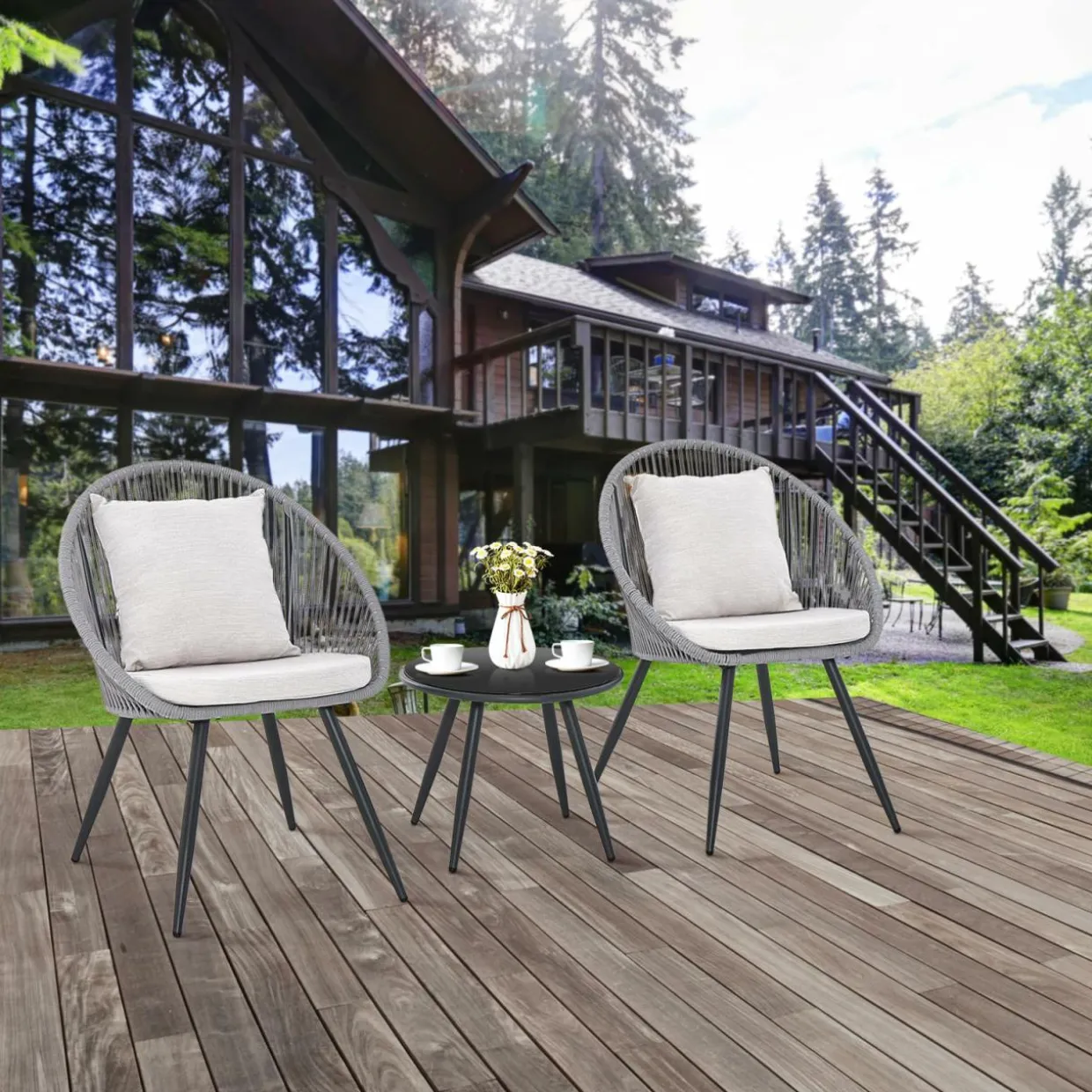 Tangkula 3 Piece Patio Furniture Set, Balcony Chair Set with Seat & Back Cushions, Tempered Glass Tabletop (Gray)
