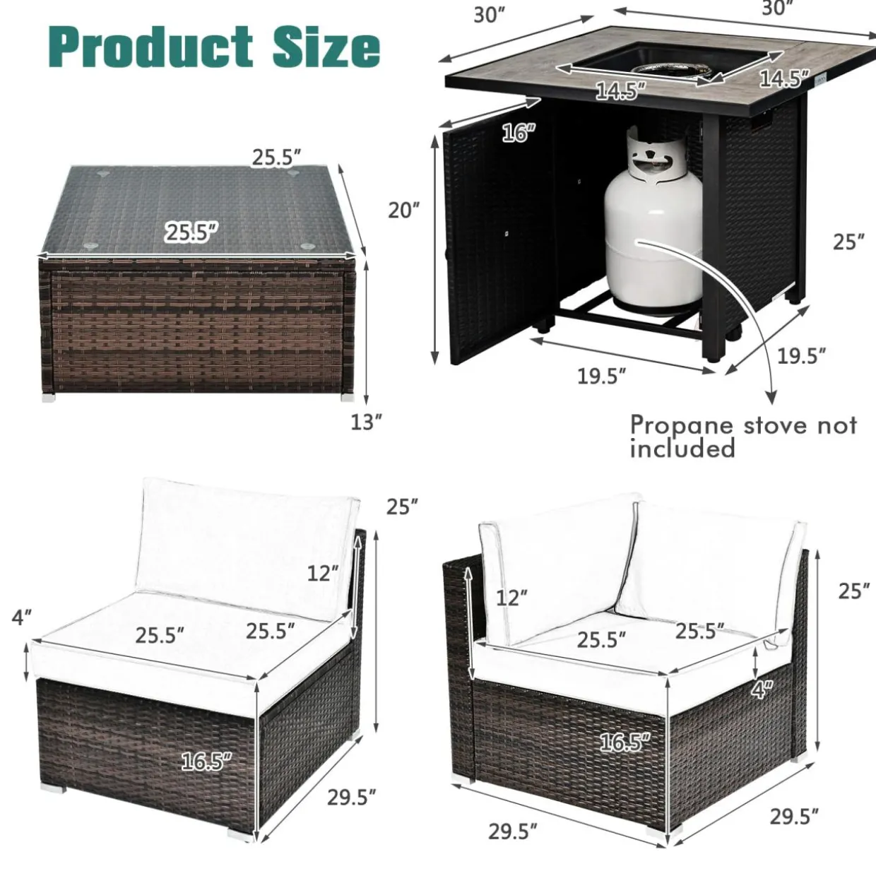 Tangkula 7 Piece Patio Furniture Set with Fire Pit Table, 30 Inches 50,000 BTU Propane Fire Pit Table