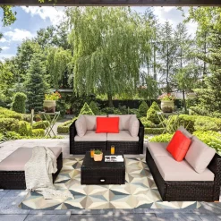 Tangkula 6 Piece Patio Furniture Set,Durable Steel Frame PE Rattan Wicker Sectional Sofa Set
