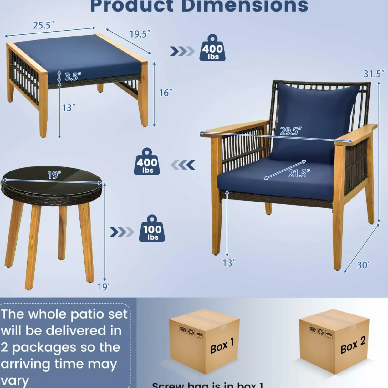 Tangkula 5 Piece Patio Furniture Set, Patiojoy Wicker Chair Set with Coffee Table & 2 Ottomans (Navy)