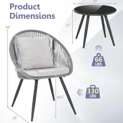 Tangkula 3 Piece Patio Furniture Set, Balcony Chair Set with Seat & Back Cushions, Tempered Glass Tabletop (Gray)