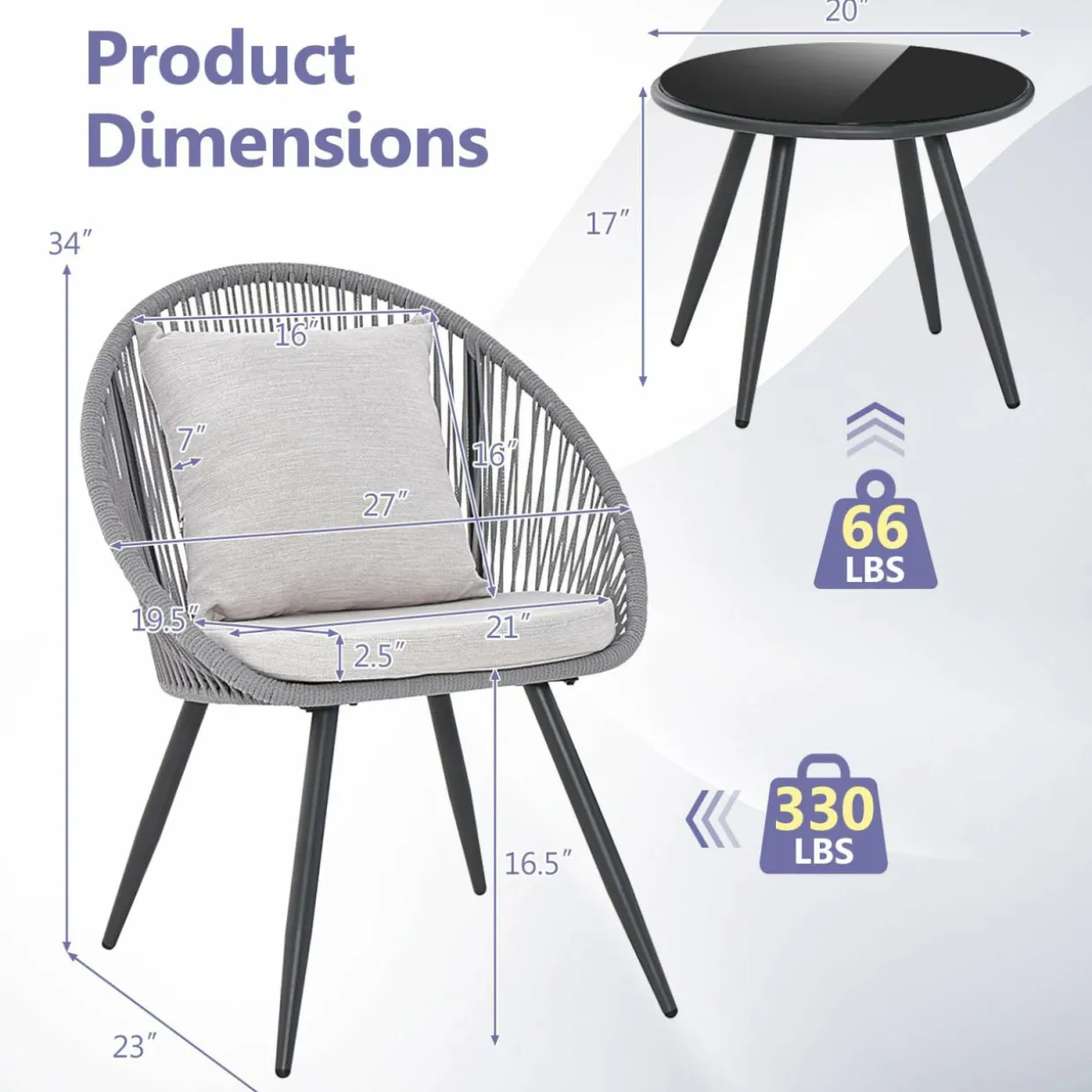 Tangkula 3 Piece Patio Furniture Set, Balcony Chair Set with Seat & Back Cushions, Tempered Glass Tabletop (Gray)
