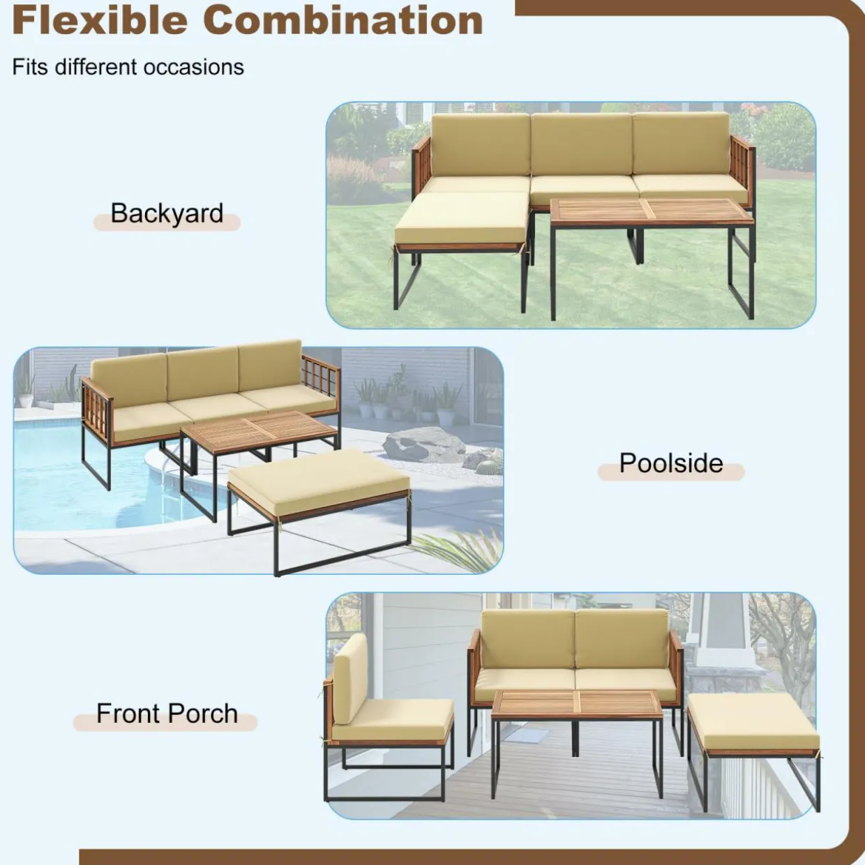 Tangkula 5 Piece Patio Furniture Set, Acacia Wood Sectional Set with Heavy-Duty Metal Frame, Comfy Seat & Back Cushions