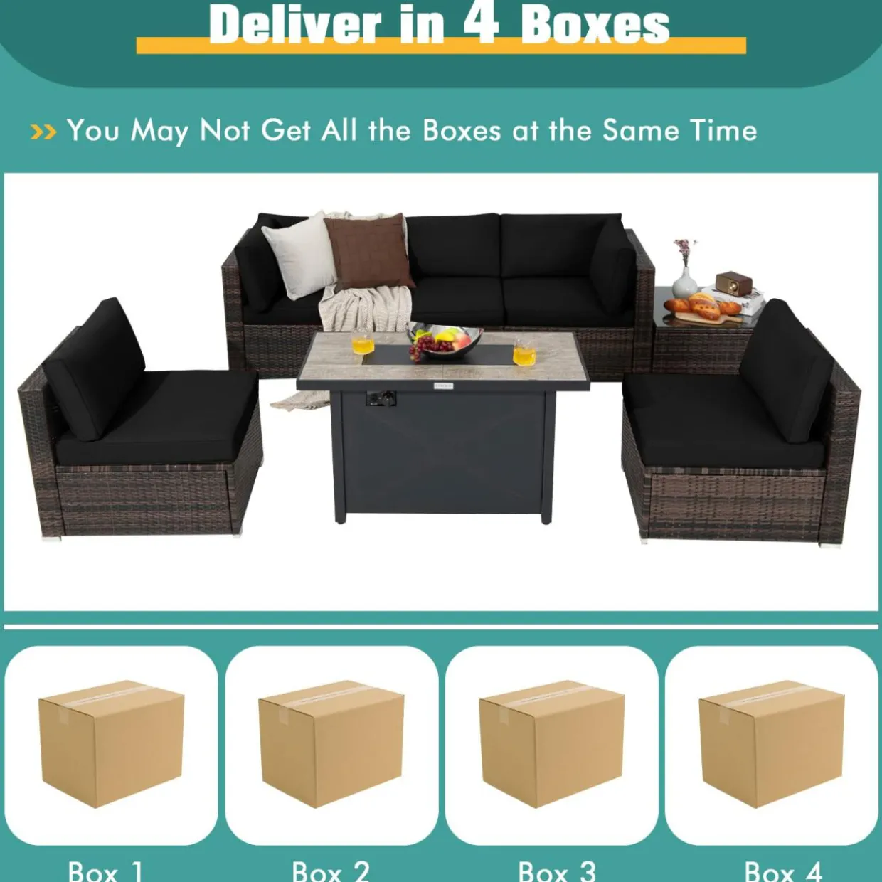 Tangkula 7 Piece Patio Furniture Set with Fire Pit Table, Includes 42 Inches 60,000 BTU Propane Rectangle Fire Pit Table