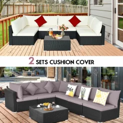 Tangkula 7 Piece Patio Furniture Set, Outdoor Sectional Sofa with 2 Pillows and Cushions