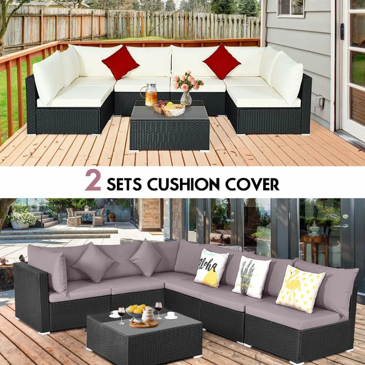 Tangkula 7 Piece Patio Furniture Set, Outdoor Sectional Sofa with 2 Pillows and Cushions