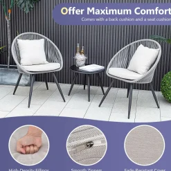 Tangkula 3 Piece Patio Furniture Set, Balcony Chair Set with Seat & Back Cushions, Tempered Glass Tabletop (Gray)