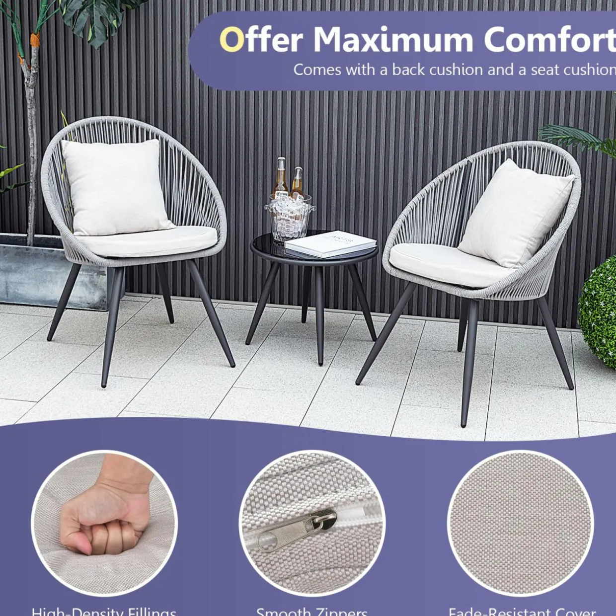 Tangkula 3 Piece Patio Furniture Set, Balcony Chair Set with Seat & Back Cushions, Tempered Glass Tabletop (Gray)