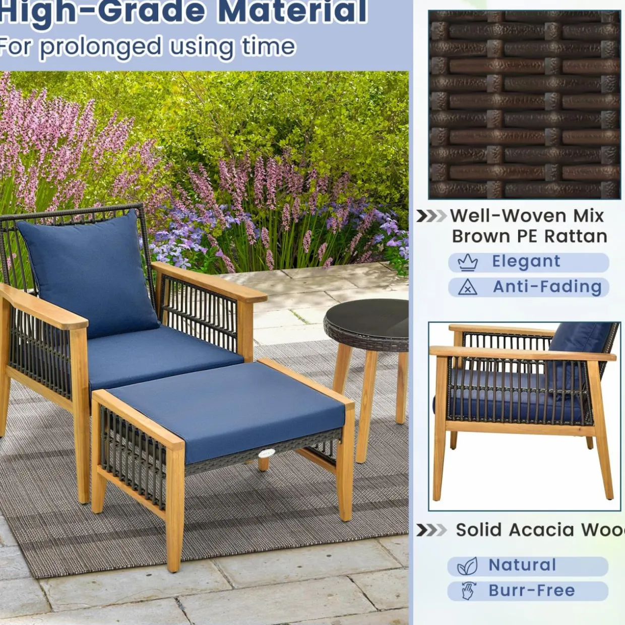 Tangkula 5 Piece Patio Furniture Set, Patiojoy Wicker Chair Set with Coffee Table & 2 Ottomans (Navy)