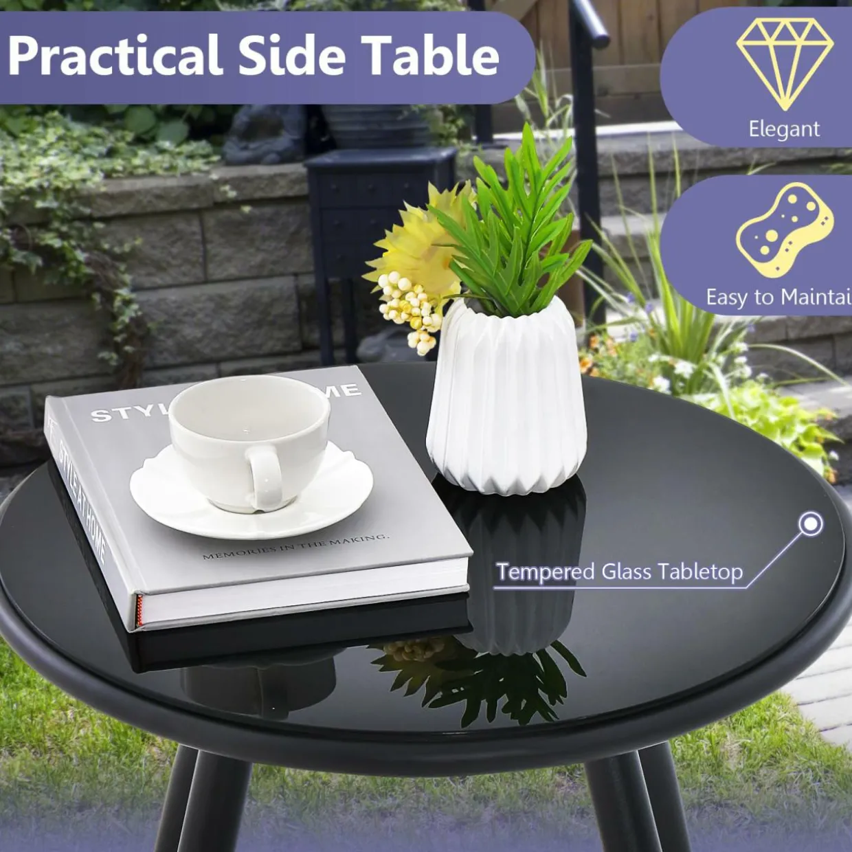 Tangkula 3 Piece Patio Furniture Set, Balcony Chair Set with Seat & Back Cushions, Tempered Glass Tabletop (Gray)