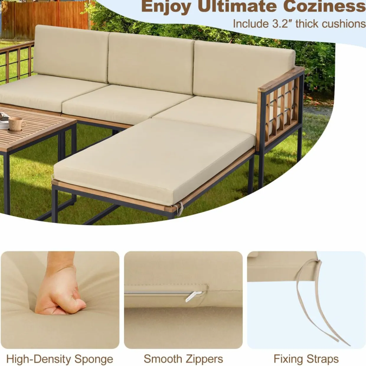 Tangkula 5 Piece Patio Furniture Set, Acacia Wood Sectional Set with Heavy-Duty Metal Frame, Comfy Seat & Back Cushions