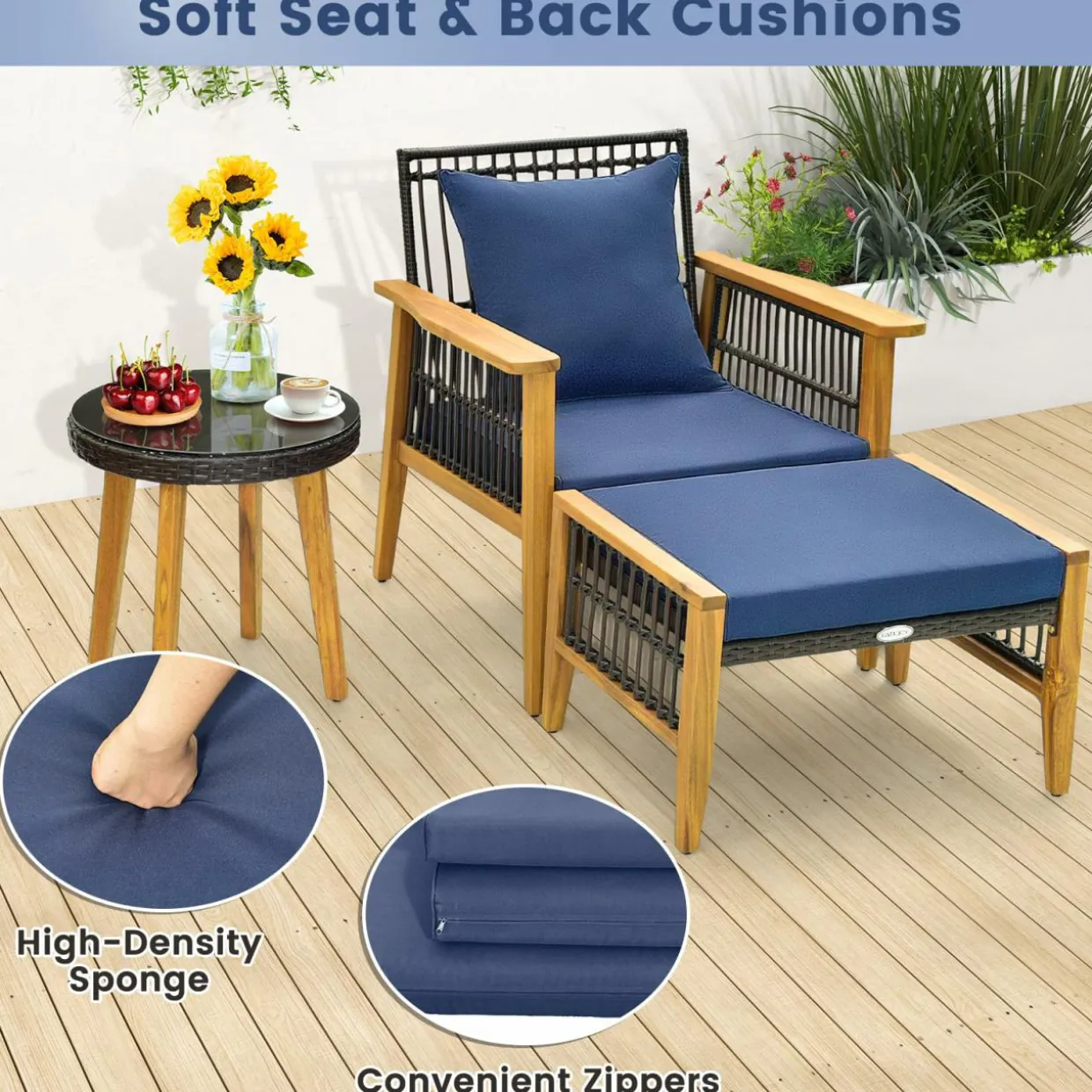 Tangkula 5 Piece Patio Furniture Set, Patiojoy Wicker Chair Set with Coffee Table & 2 Ottomans (Navy)