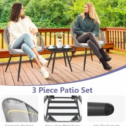 Tangkula 3 Piece Patio Furniture Set, Balcony Chair Set with Seat & Back Cushions, Tempered Glass Tabletop (Gray)