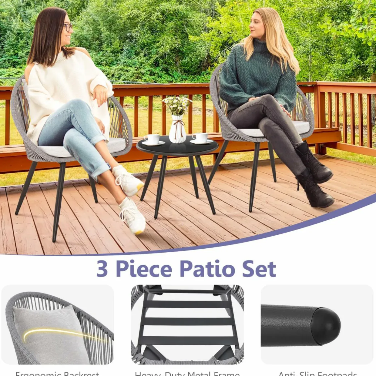 Tangkula 3 Piece Patio Furniture Set, Balcony Chair Set with Seat & Back Cushions, Tempered Glass Tabletop (Gray)