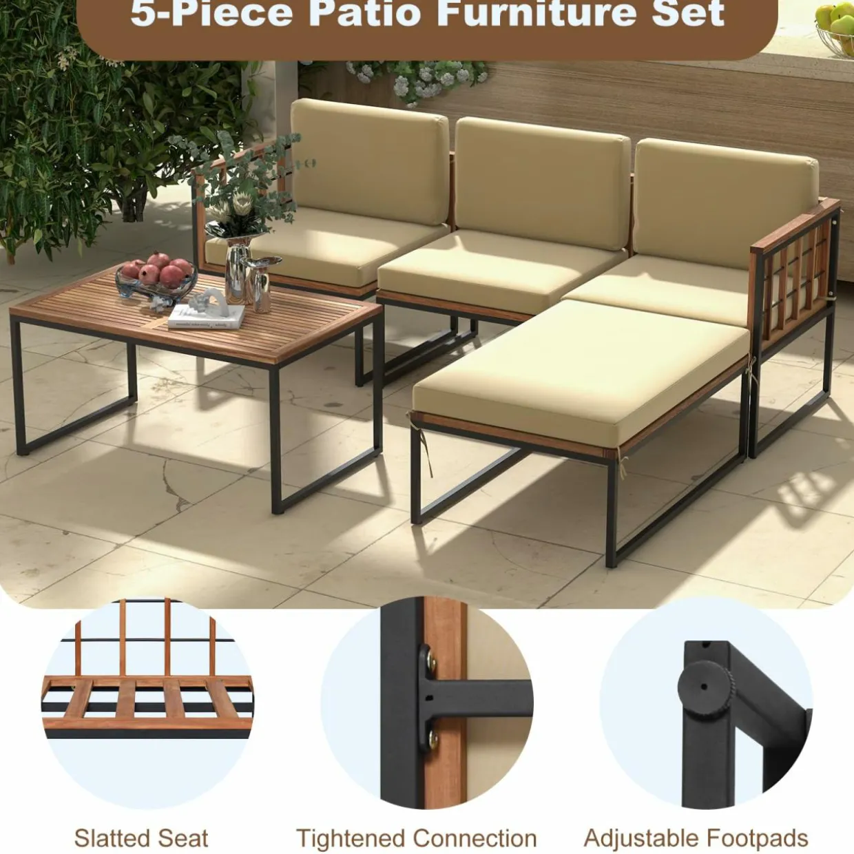 Tangkula 5 Piece Patio Furniture Set, Acacia Wood Sectional Set with Heavy-Duty Metal Frame, Comfy Seat & Back Cushions