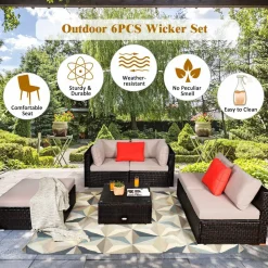 Tangkula 6 Piece Patio Furniture Set,Durable Steel Frame PE Rattan Wicker Sectional Sofa Set