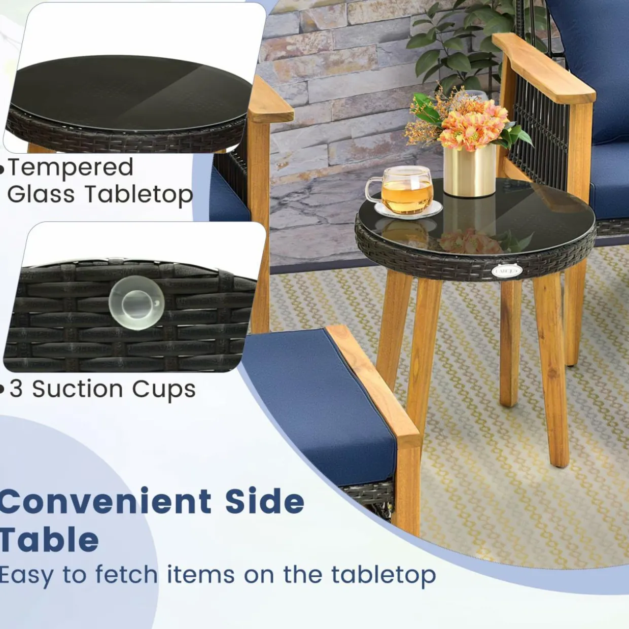 Tangkula 5 Piece Patio Furniture Set, Patiojoy Wicker Chair Set with Coffee Table & 2 Ottomans (Navy)