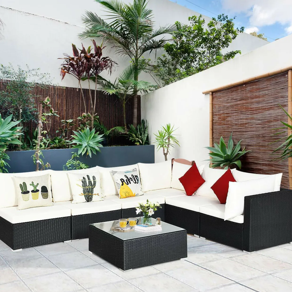 Tangkula 7 Piece Patio Furniture Set, Outdoor Sectional Sofa with 2 Pillows and Cushions