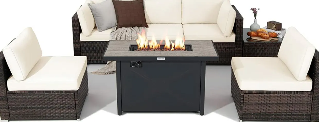 Tangkula 7 Piece Patio Furniture Set with Fire Pit Table, Includes 42 Inches 60,000 BTU Propane Rectangle Fire Pit Table