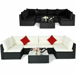 Tangkula 7 Piece Patio Furniture Set, Outdoor Sectional Sofa with 2 Pillows and Cushions