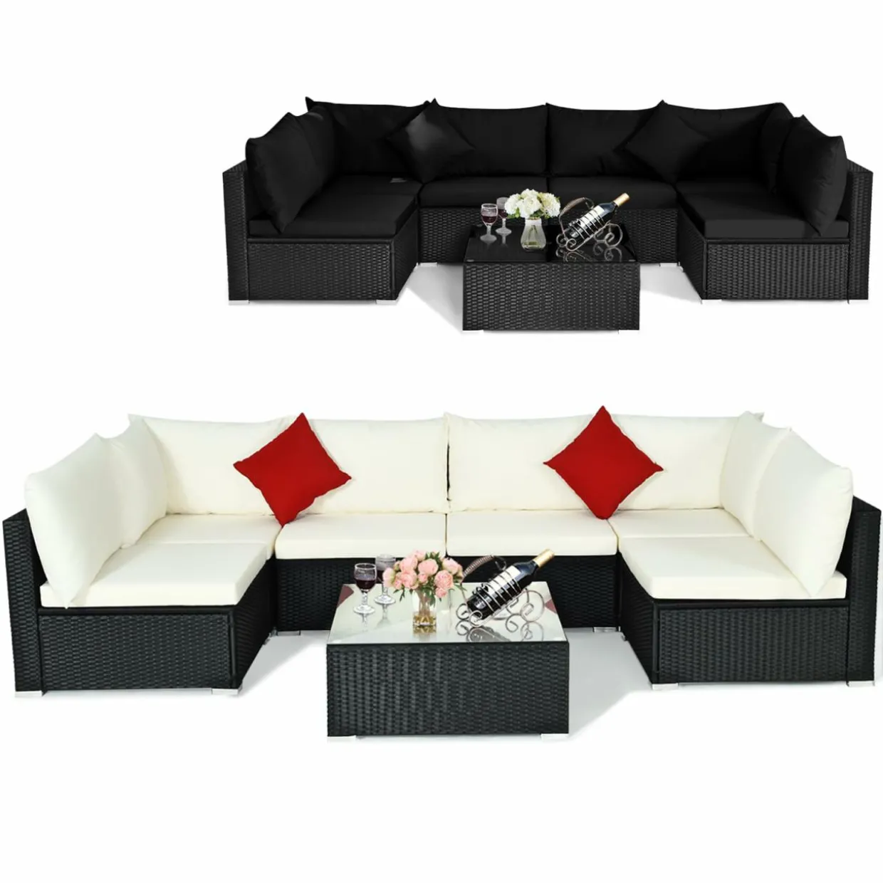 Tangkula 7 Piece Patio Furniture Set, Outdoor Sectional Sofa with 2 Pillows and Cushions
