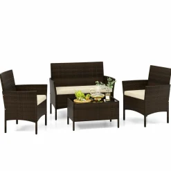 Tangkula 4/8 Piece Patio Rattan Conversation Set, Outdoor Wicker Furniture Set with Chair, Loveseat & Tempered Glass Table
